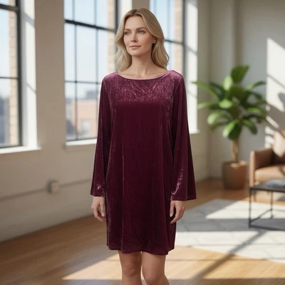 ModCloth XL Shift Dress Mini Red Burgundy Long Bell Sleeves Scoop Back Holiday - Image 1 of 4