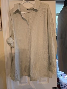 JOAN RIVERS Blouse Womens 2X Top Striped White GREEN  Seersucker 100% COTTON - Picture 1 of 7