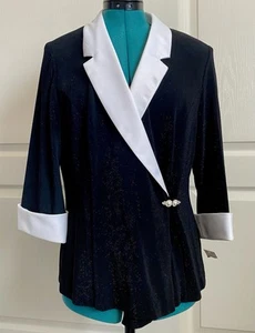 Alex Evenings Women Sz Large Black Stretch Velvet White Satin-Collar Jacket NWT - Picture 1 of 15