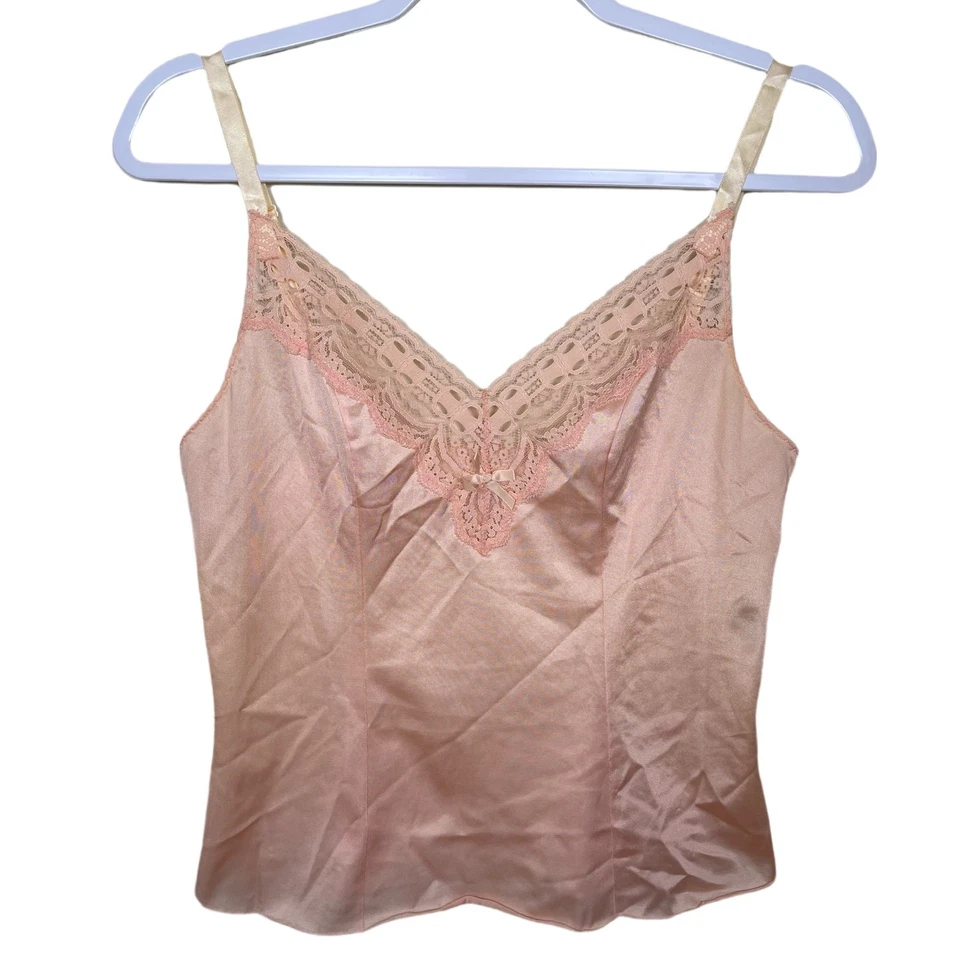 Top Cami de Colección Olga Años 70 80 Estilo 1073 Rosa Melocotón Nylon Floral Encaje 32 Lazos Foto 1 de 4