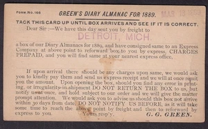 Postkarte G G Green Detroit/re Green's Diary Almanac für 1889 per Spracht verschickt - Bild 1 von 2