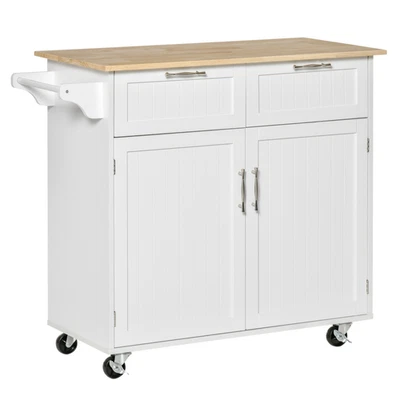 Kitchen Island Cart White MDF 104x46x91cm Mobile Trolley Adjustable Wheels Draws - Image 1 of 4