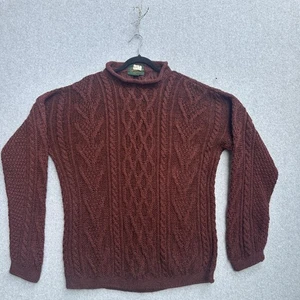Doogan Donegal Sweater Mens Large Maroon Merino Wool Aran Cable Knit Roll Neck - Picture 1 of 9