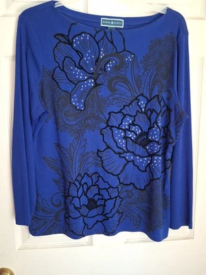 Karen Scott Women’s Royal Blue/Black Floral Velvet Burnout Long Sleeve Top XL - Image 1 of 4