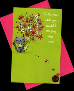 BIRTHDAY Cat Kitten Pink Flowers Bow - GLITTERED - Large - Sister Greeting Card - Picture 1 of 4