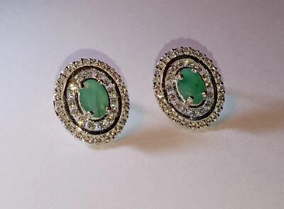 1.08 Ct Genuine Emerald, 3/4 Ct VS2 Diamond 10kt Solid White Gold Earrings New - Image 1 of 4