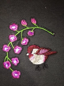 Sparrow Flowers Embroidery Iron On Patch Bird Floral Plant Cherry Blossoms - Picture 1 of 4
