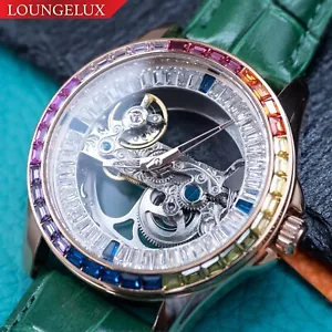Herren Roségold Automatik Mechanische Uhr Brücke Regenbogen Kubikgrün Leder - Bild 1 von 13