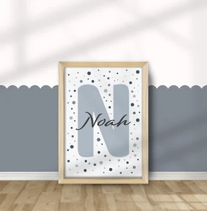Blue Boys Personalised Name Print Polka Dot Background, Nursery Playroom Kids - Picture 1 of 20