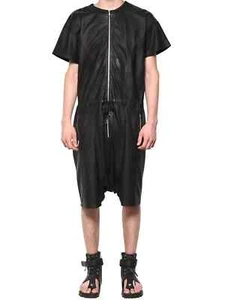 Moda Negro Corto Hecho a Mano Mono Piel de Cordero Cuero Cremallera Genuina Hombres - Imagen 1 de 5