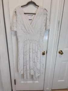Wedding Dress Women's V Neck Floral Lace Short Sleeve Party 14 White Lined - Picture 1 of 2