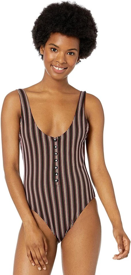RVCA Black/Multi Bandit Striped Cheeky One Piece Women's Swimsuit Size M L62957