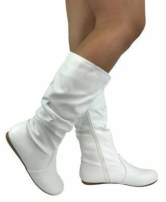 New White Round Toe Slouchy Women Causal Mid Calf Flat Boots Zipper Faux Leather - Image 1 of 4