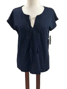 Chelsea & Theodore Womens Top Organic Cotton Boxy Embroidered Tassel Navy Blue S - Picture 1 of 13