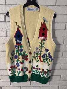 Cardigan maglione vintage Belle Pointe casette uccellini taglia grande con bottoni - Foto 1 di 9