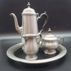 Oneida Heirloom Pewter Coffee Tea Set with Tray Sugar Creamer Vintage - Picture 1 of 17