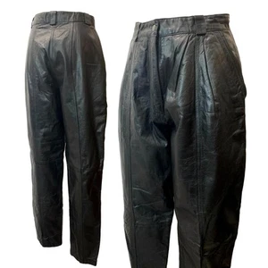 Pantaloni conici pieghettati in pelle nera anni 80 | Vita 29" - Foto 1 di 12