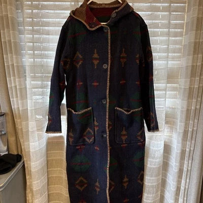 Woolrich Navajo Aztec Long Duster WOOL Sweater Blanket Coat REVERSIBLE Hood Sz L - Image 1 of 4