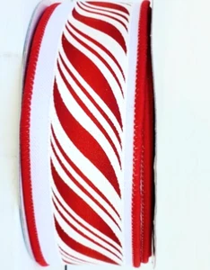 Christmas Red White Diagonal Wavy Stripe 1.5" x 5 yds Wired Ribbon Candy Cane - Picture 1 of 3