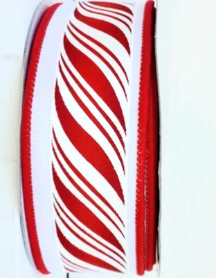 Christmas Red White Diagonal Wavy Stripe 1.5" x 5 yds Wired Ribbon Candy Cane - Image 1 of 3