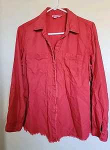Chico's Shirt Orange Roll Tab Sleeve Light Wash Button Up Casual 6 - Picture 1 of 3