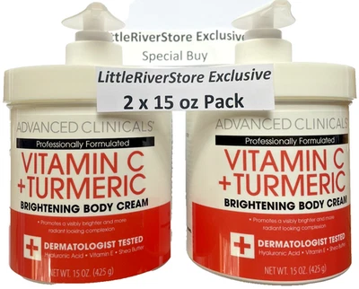 2 X 15 oz! ADVANCED CLINICALS VITAMIN C + TURMERIC Brightening FACE BODY & CREAM - Image 1 of 4