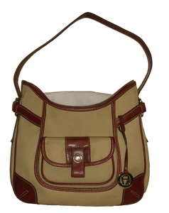 Etienne Aigner Tan Canvas with Burgundy Trim Handbag - Picture 1 of 14