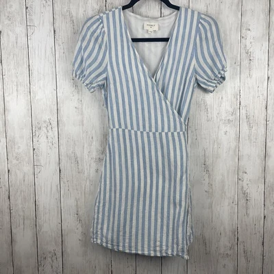 Vestido Everly Mujer Pequeño Azul Blanco Lino Rayas Envolvente Náutico Costero Preppy Foto 1 de 4