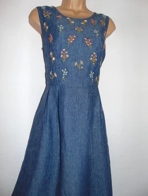 Vestido Laura Ashley Estilo Vintage 100% Lino Denim Look Bordado Delantal, Reino Unido Foto 1 de 4