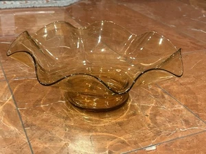 BLENKO ? ART GLASS HANDBLOWN AMBER GOLD CENTERPIECE RUFFLED 11.5" L BOWL MCM EUC - Picture 1 of 13