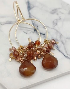 14k Faceted Chalcedony Garnet Cluster Hoop Earrings - Picture 1 of 6