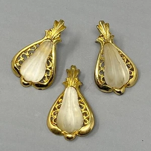 Frosted White Glass Earrings & Pendant Set Gold Tone Pierced Teardrop Vintage - Picture 1 of 12