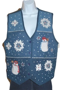 Life Style Blue/White Quilted Appliqued Vest w/Snowflakes Snowmen Size Medium - Picture 1 of 10