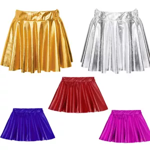 Girls Shiny Metallic Pleated Skirt Skating Hip Hop Elastic Waistband Dance-wear - Picture 1 of 69