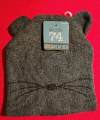 Beanie Hat Cat Design Studio 74 Cold Weather- Grey And Black -Cute-Christmas - Image 1 of 4