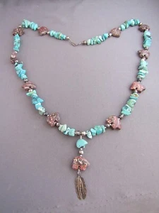 VINTAGE OLD PAWN STERLING TURQUOISE OCEAN JASPER ZUNI BEAR FEATHER NECKLACE - Picture 1 of 5