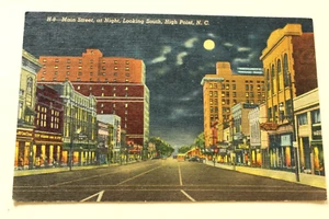 High Point North Carolina Main Street - Moonlight, Linen Postcard - Picture 1 of 2