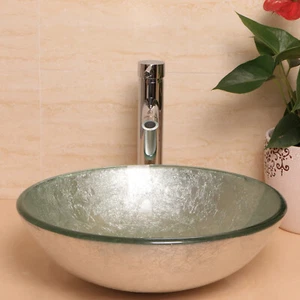 Artistic Tempered Round Glass Vessel Sink Bathroom Chrome Faucet&Pop up Drain - Picture 1 of 9