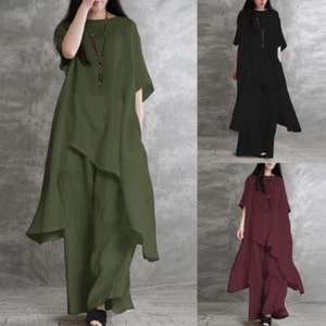 Boho Womens Half Sleeve Indie Folk Solid Round Neck Irregular Maxi Long Dresses - Picture 1 of 23