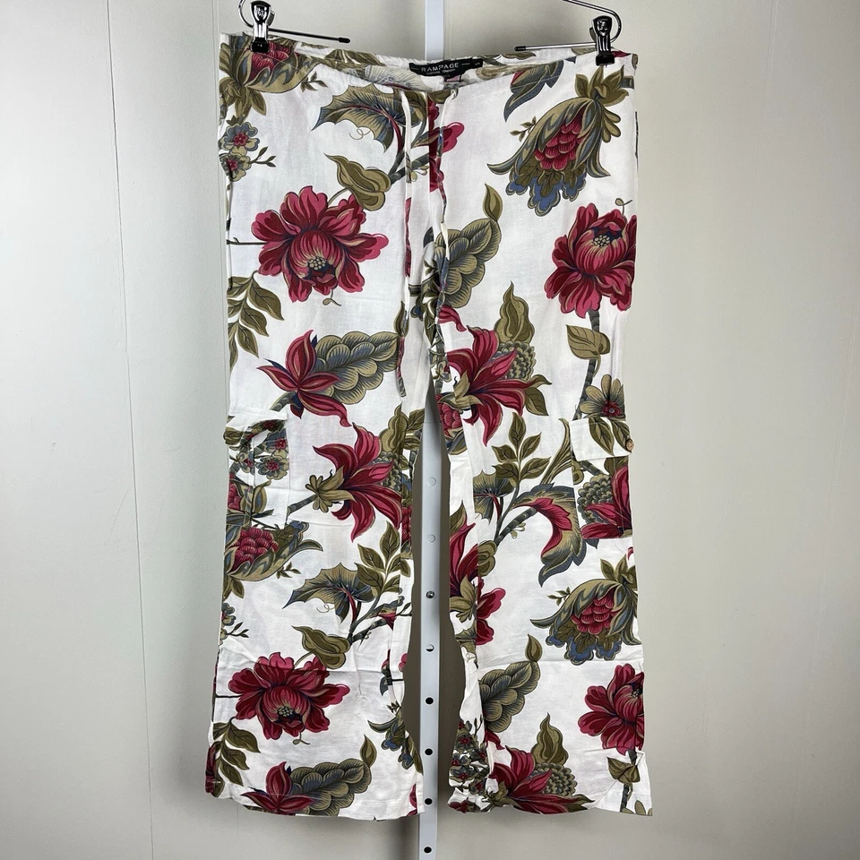 Pantalones cargo vintage RAMPAGE de lino para mujer 5 estampado floral blanco cordón Foto 1 de 4
