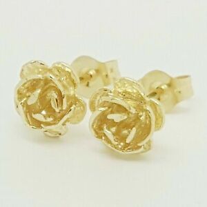 Rose Flower Stud Earrings Women/Girls/Teens Screw Back 14K Yellow Gold Finish
