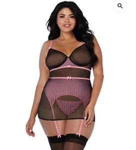 Dreamgirl Plus Size 1X Flocked Pin Dot Stretch Mesh Garter Slip New $59.99 - Picture 1 of 12