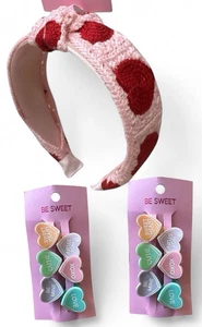 3 NEW Be Sweet Target Line Pink & Red Heart Crochet Headband & Heart Clips - Picture 1 of 6