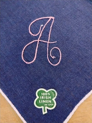 Vgt A Monogram Pink Embroidery On Navy Blue Linen Hankie Handkerchief - Image 1 of 3