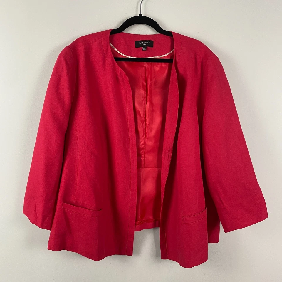 Talbots Linen Open Front Blazer Jacket Size 22W Red Slit Sleeve Pockets - Image 1 of 4