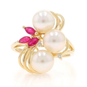 Yellow Gold Cultured Pearl Ruby Diamond Cluster Cocktail Ring - 14k .41ctw - Picture 1 of 10