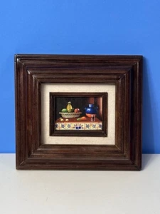 MCM Still Life Fruit Table Pottery On Table Oil Framed Mini Painting 8x7” - Picture 1 of 10