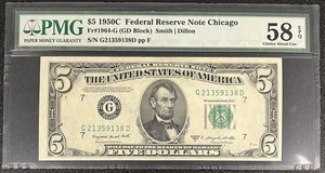 1950 C Five Dollar Federal Reserve Note $5 Bill PMG Choice AU 58 EPQ #94691 - Picture 1 of 2