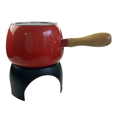 Olla de fondue roja vintage MCM AÑOS 70 y soporte mango de madera Foto 1 de 4
