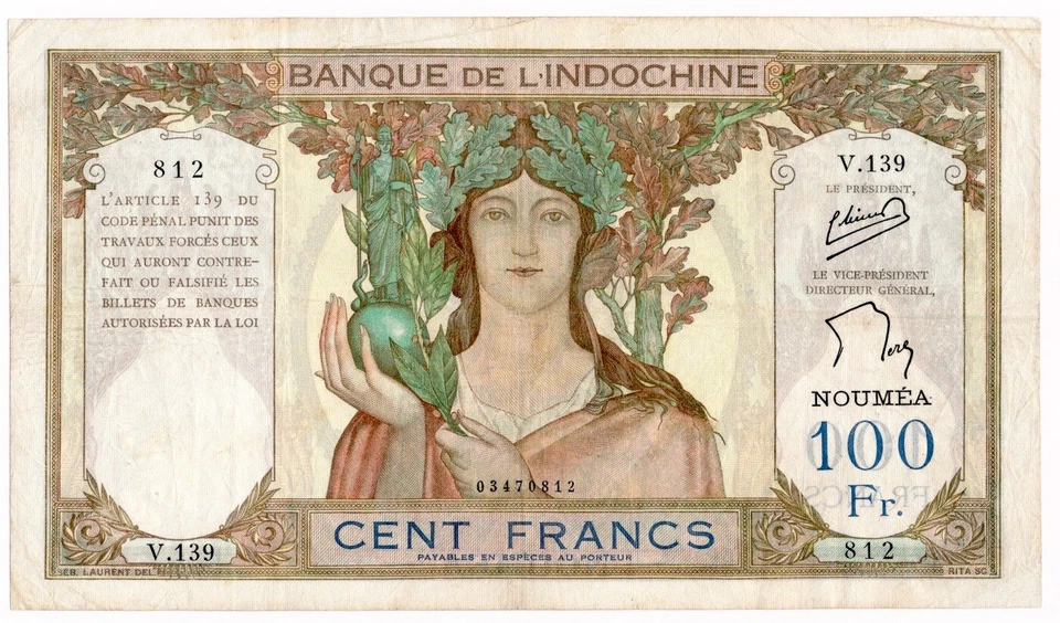 NEW CALEDONIA banknote 100 Francs 1957 VF+ Choice Very Fine - Image 1 of 4